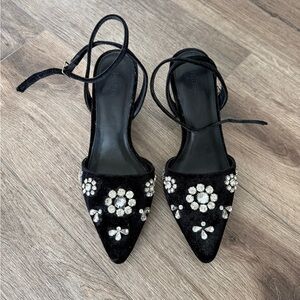 Black Embellished Pointed Toe Ankle Tie Women's Heels